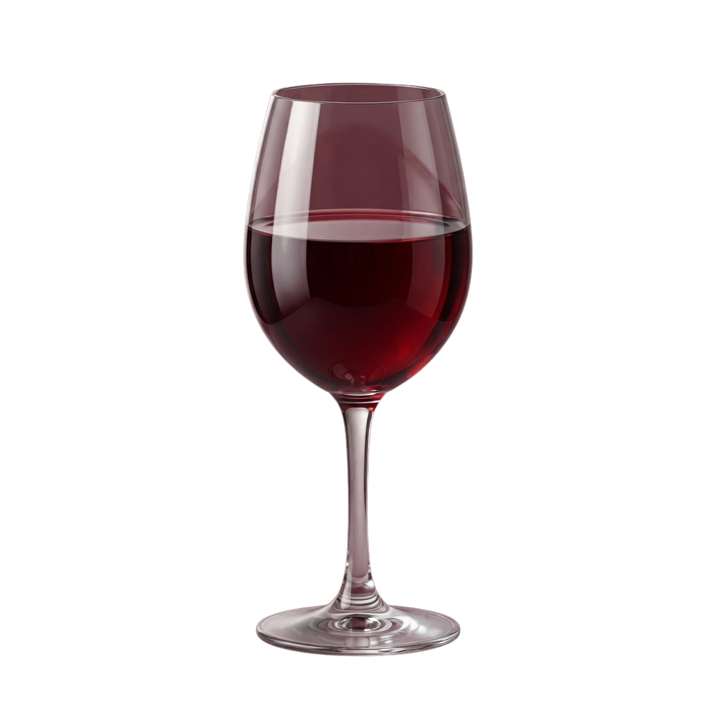 A clear wine glass half filled with deep red wine against a dark background