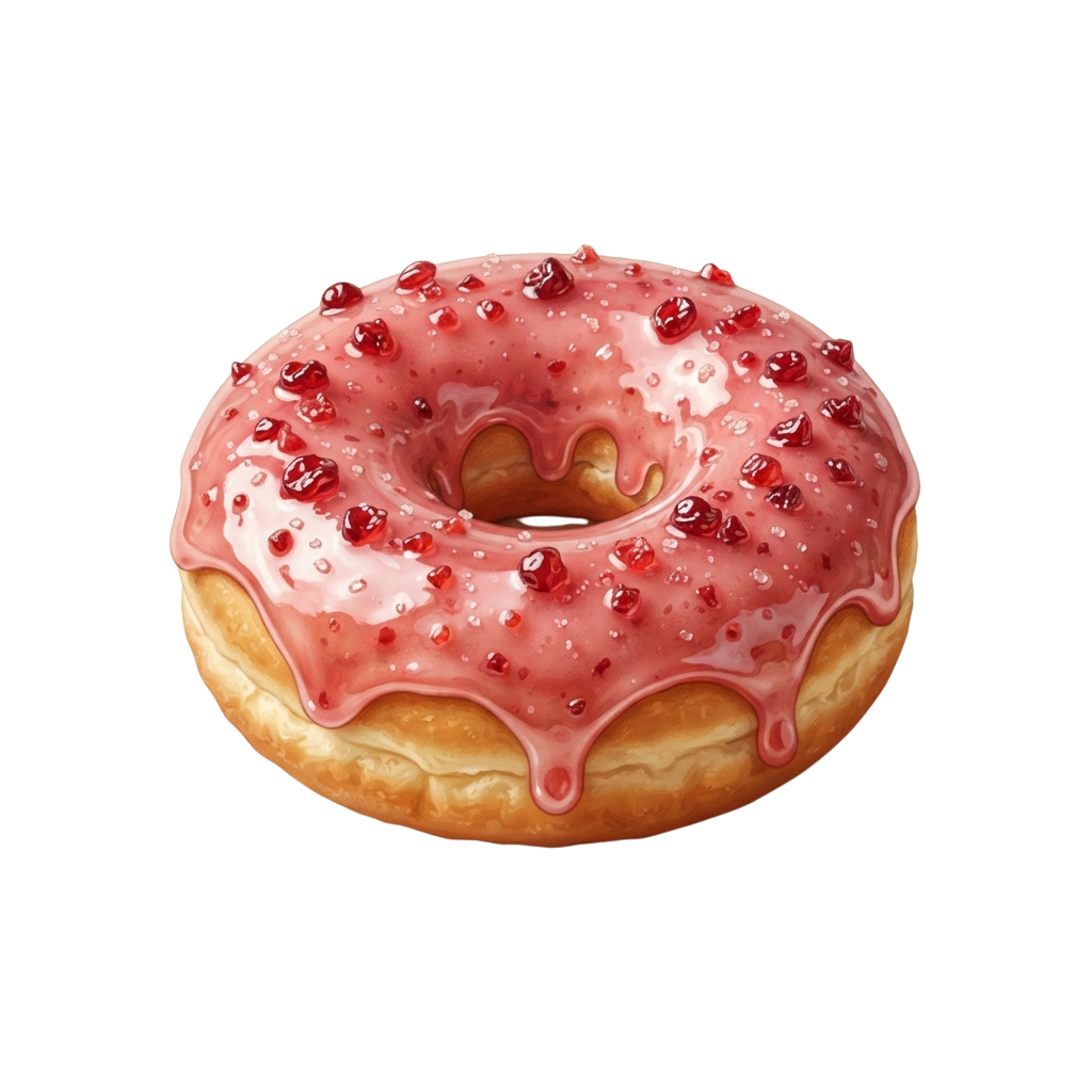 A donut topped with pink strawberry glaze and colorful sprinkles