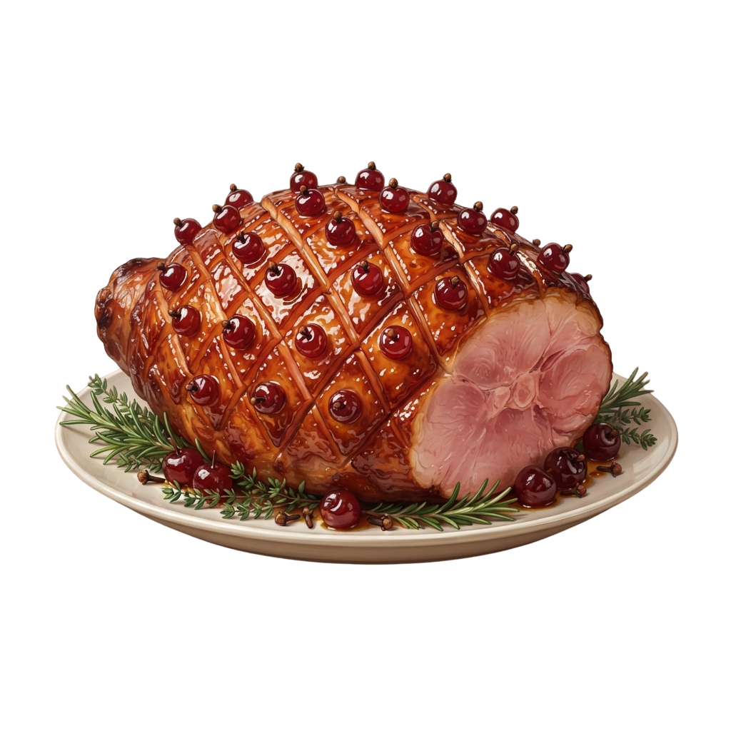 A roasted ham topped with cranberries and garnished with rosemary on a white plate