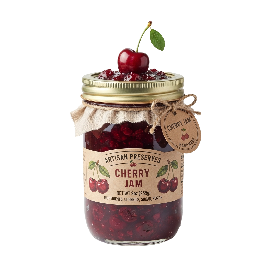 Glass jar of cherry jam with a decorative cherry on top, handmade label, and twine tag.