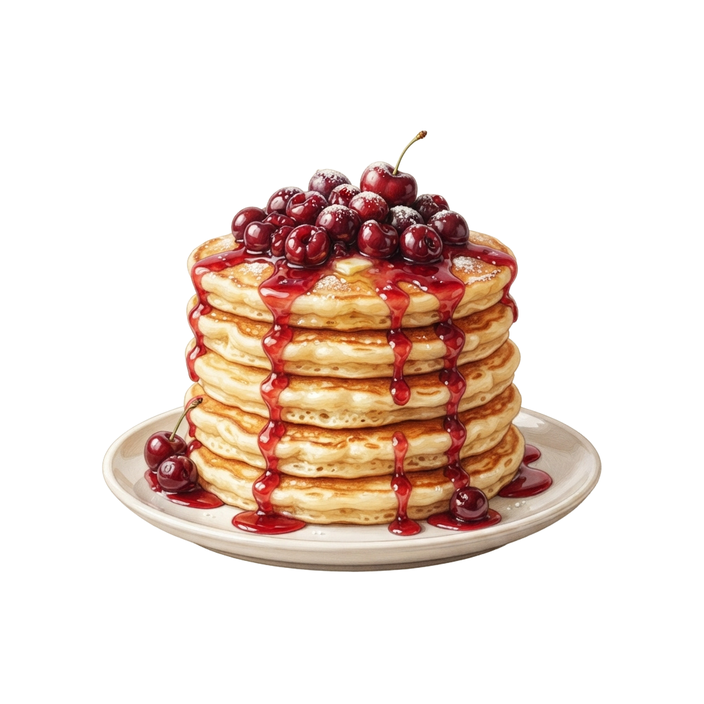 A tall stack of fluffy golden pancakes drizzled with red syrup and topped with cherries on a white plate