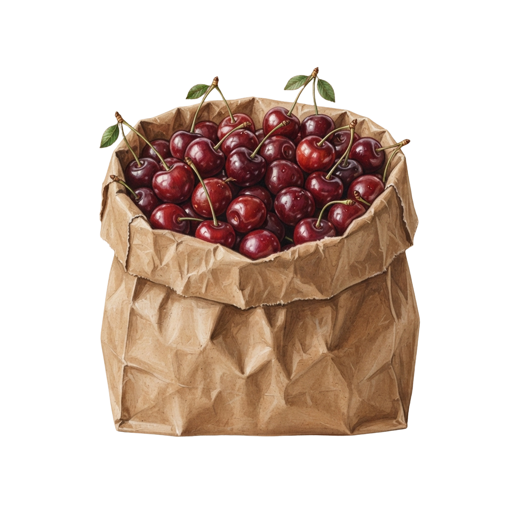 A brown paper bag filled with fresh red cherries.