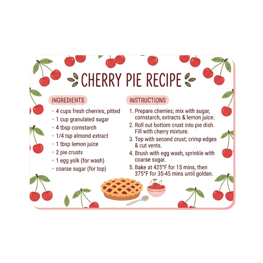 Illustration of cherry pie recipe showing ingredients and step-by-step instructions with cherries and pie images