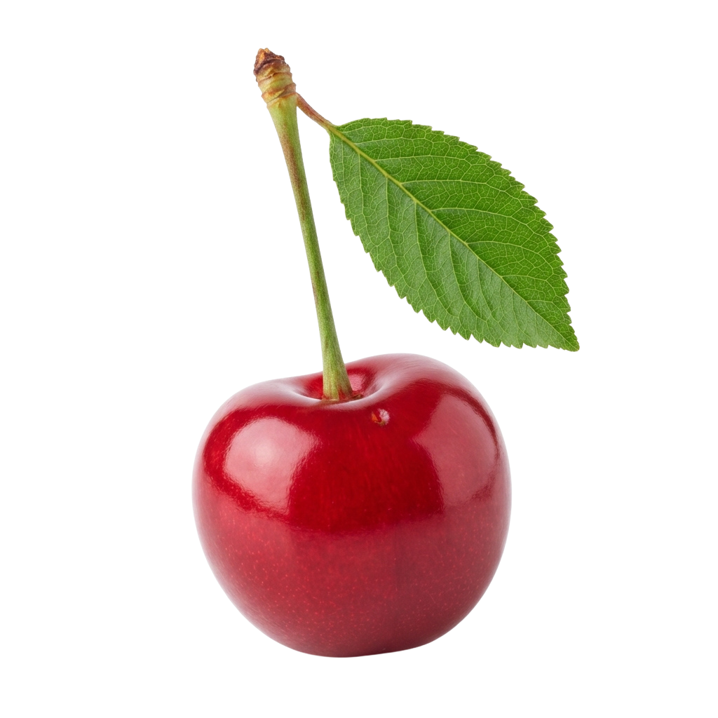 A single ripe red cherry attached to a green leaf against a black background