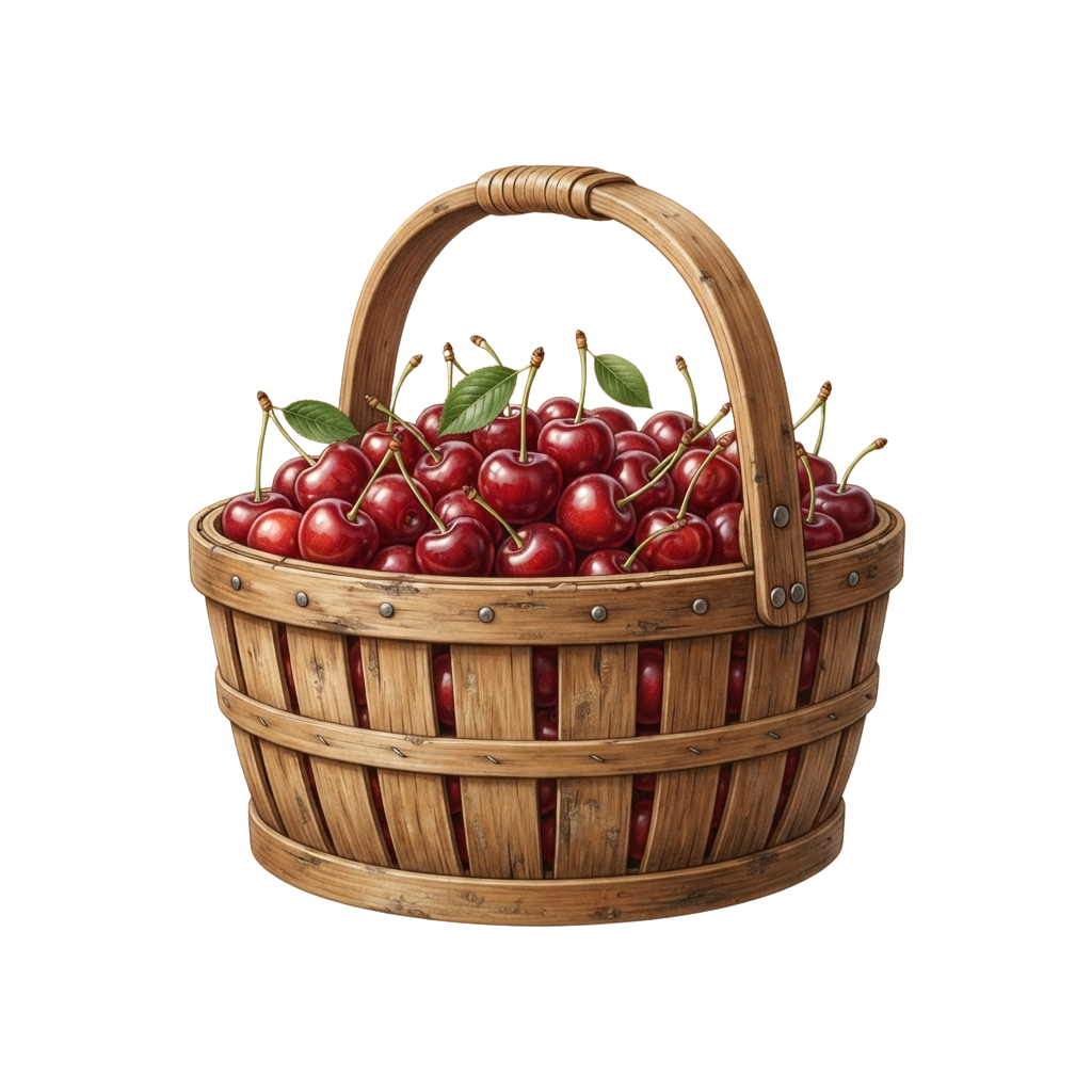 A wooden basket filled with bright red cherries and green leaves