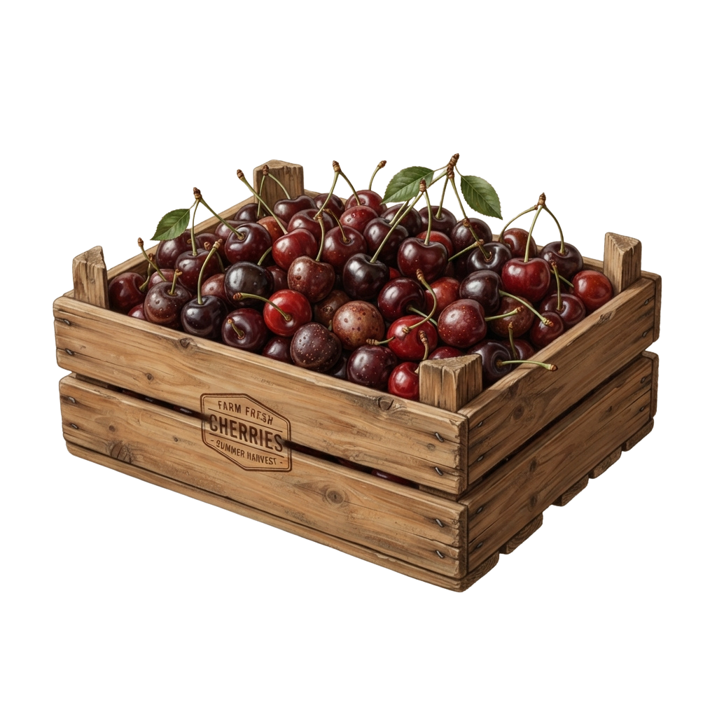 Wooden crate filled with fresh cherries and green leaves