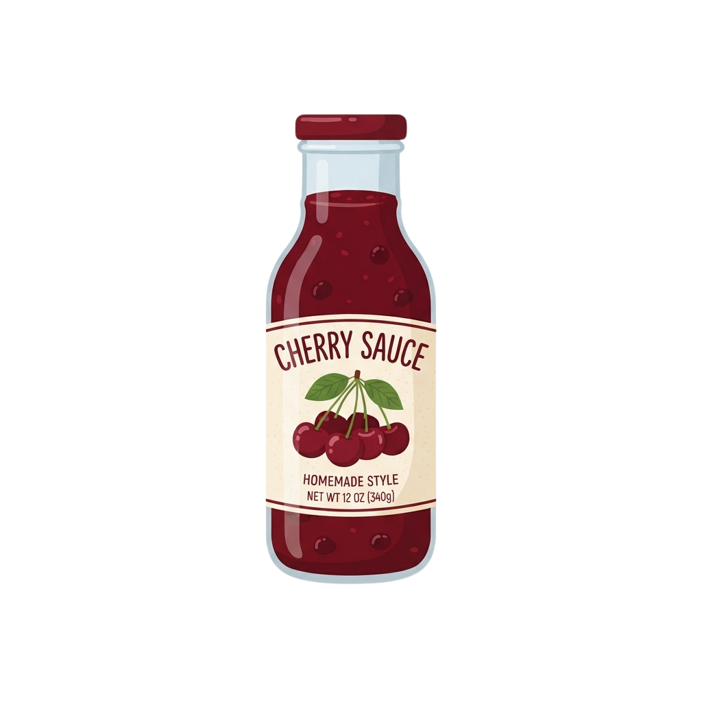 Illustration of a bottle of cherry sauce labeled homemade style with cherries on the label