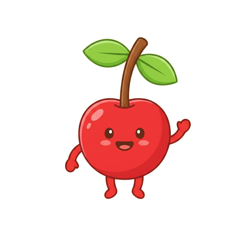 A cheerful cartoon cherry with a face, arms, and green leaves on a brown stem
