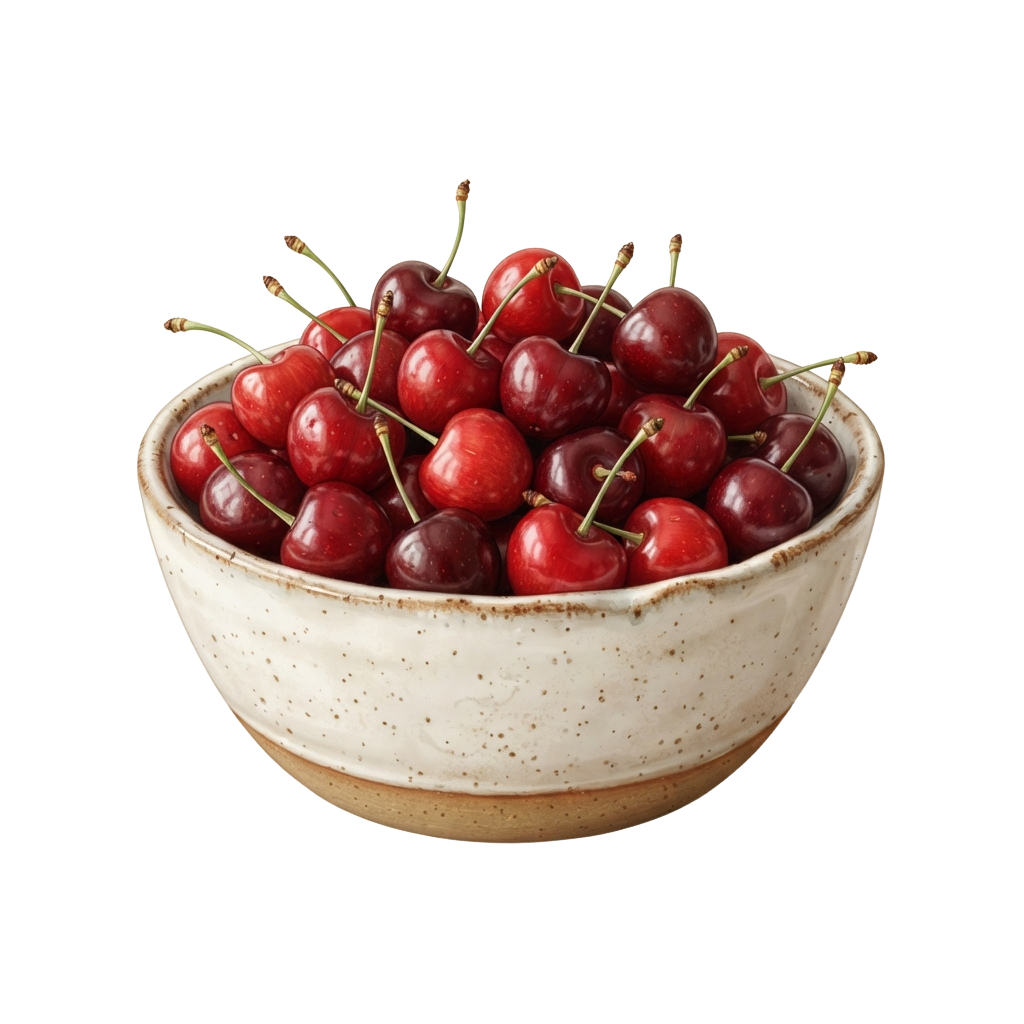A ceramic bowl filled with fresh red cherries on stems against a black background