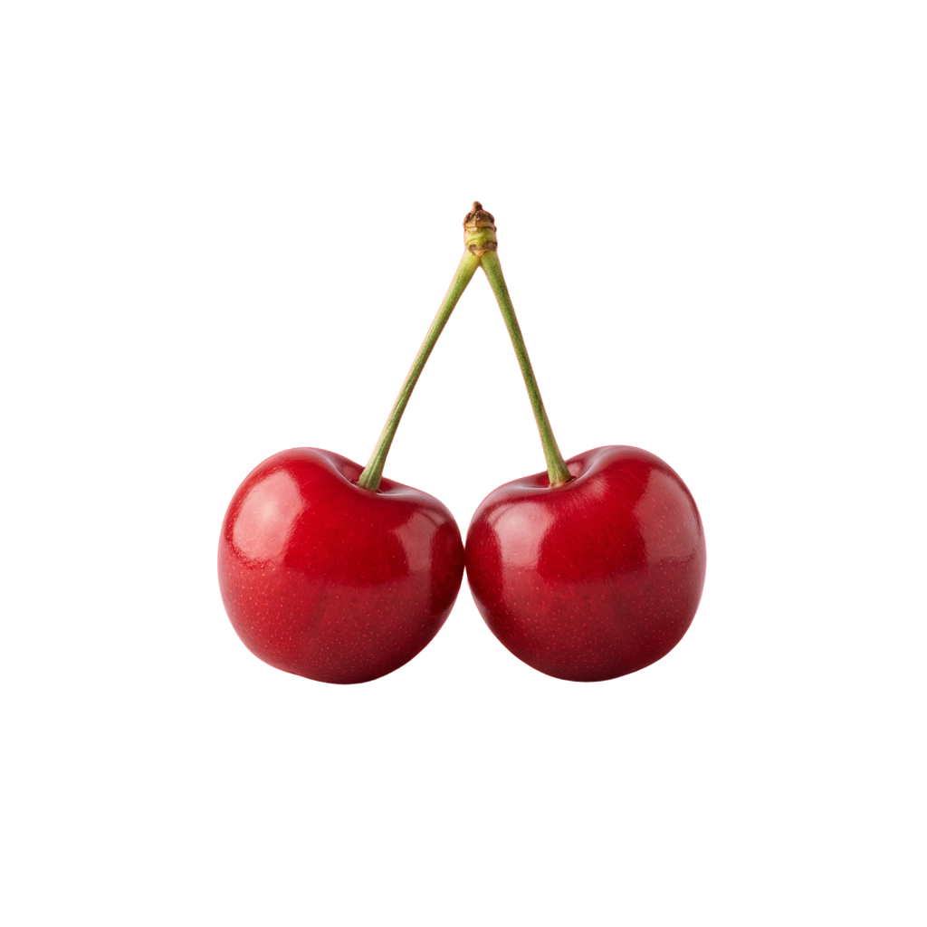Two bright red cherries attached to a green stem against a black background