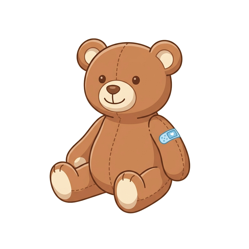 A brown teddy bear toy sitting upright with a blue tag on its arm