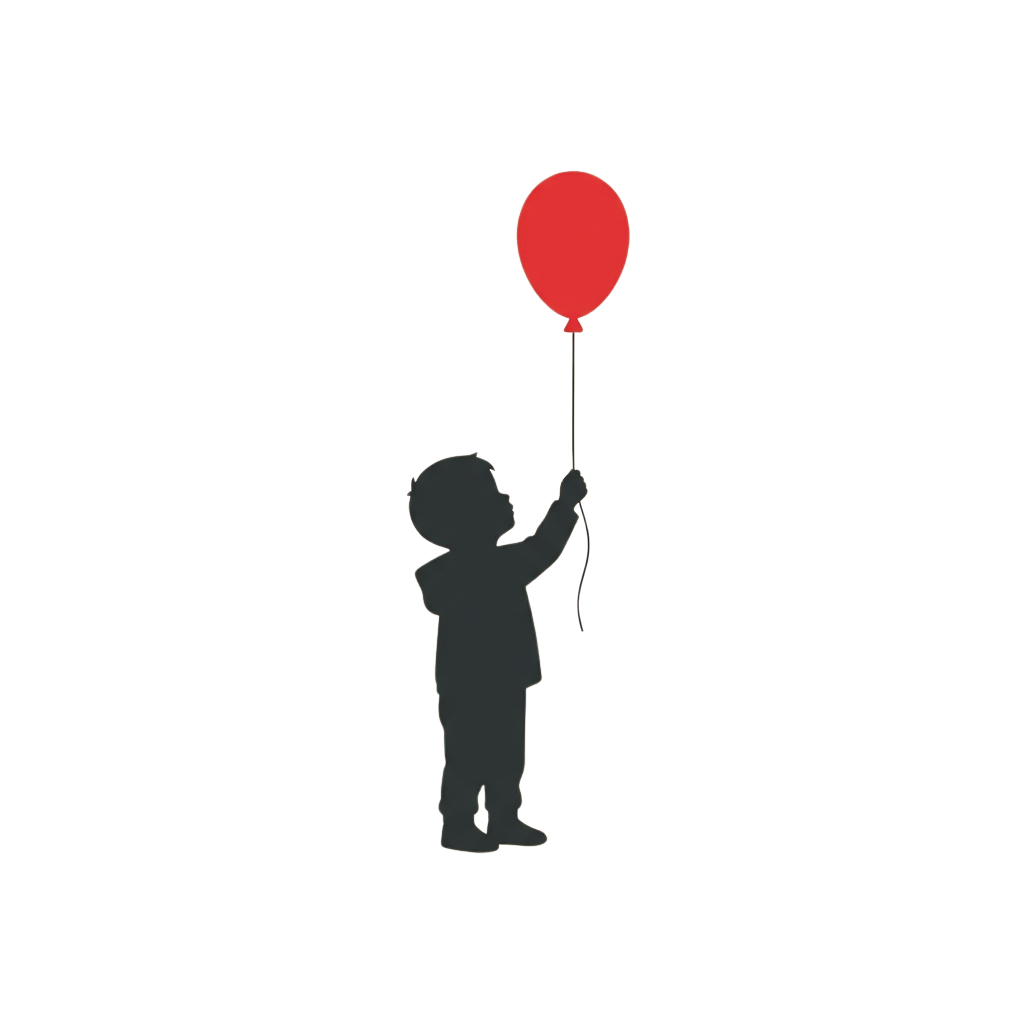 Silhouette of a child holding a red balloon against a dark background