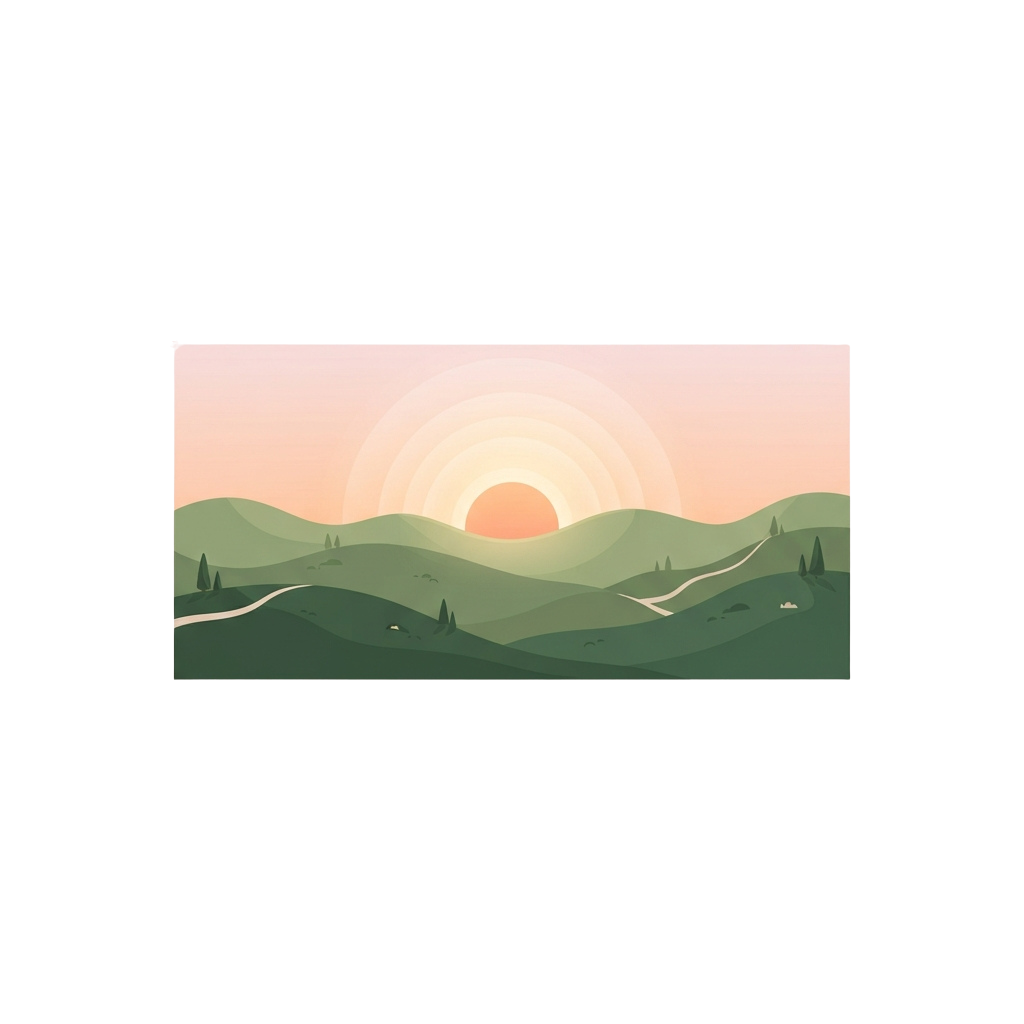 A peaceful sunset over rolling green hills with winding paths and a glowing sun on the horizon