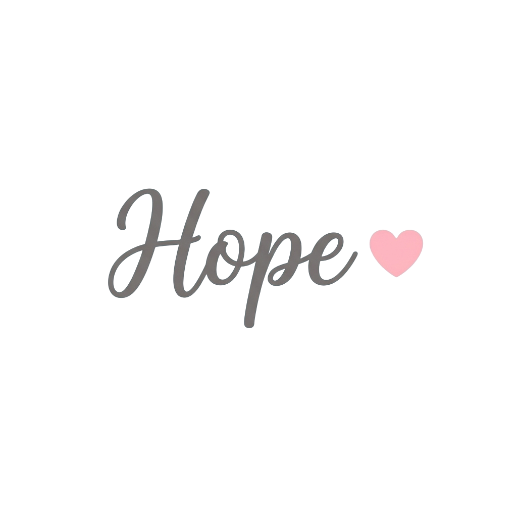 Handwritten word Hope with a small pink heart next to the e