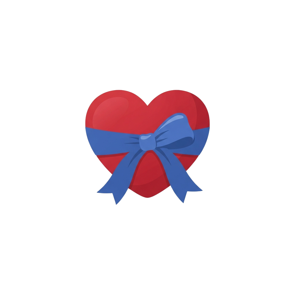 A red heart shape with a blue ribbon tied in a decorative bow in the center