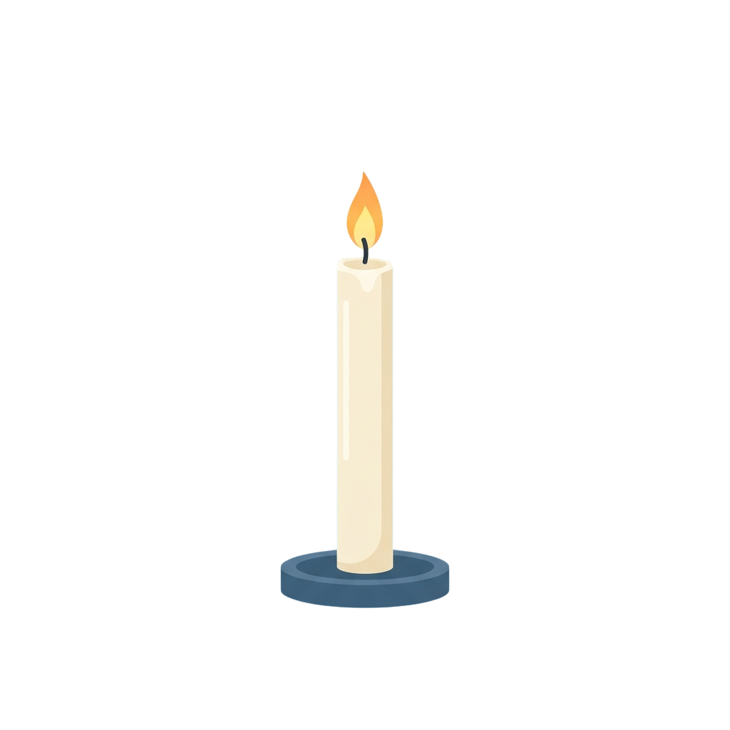 A lit white candle with a small flame on a blue circular base