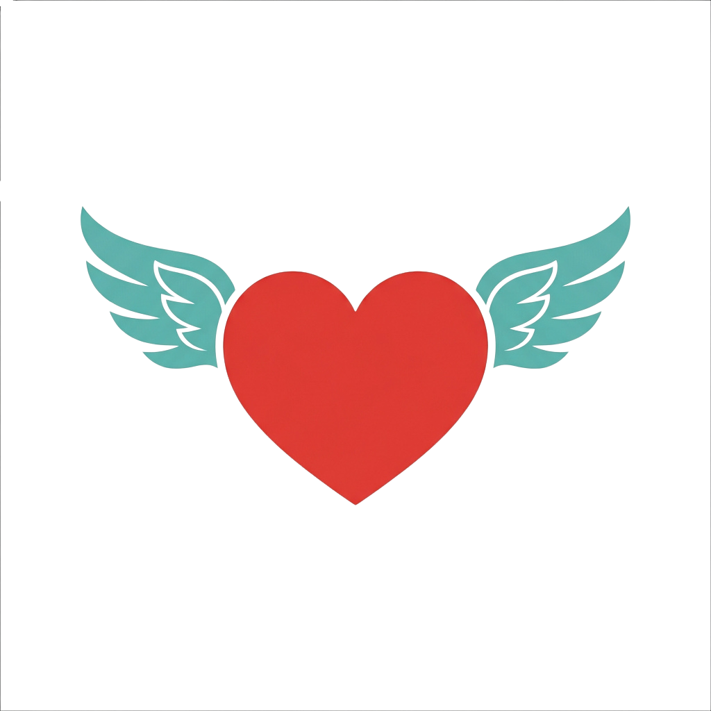 A red heart with light blue angel wings on a black background
