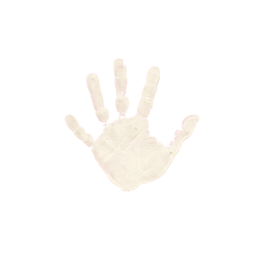 A white handprint on a black background