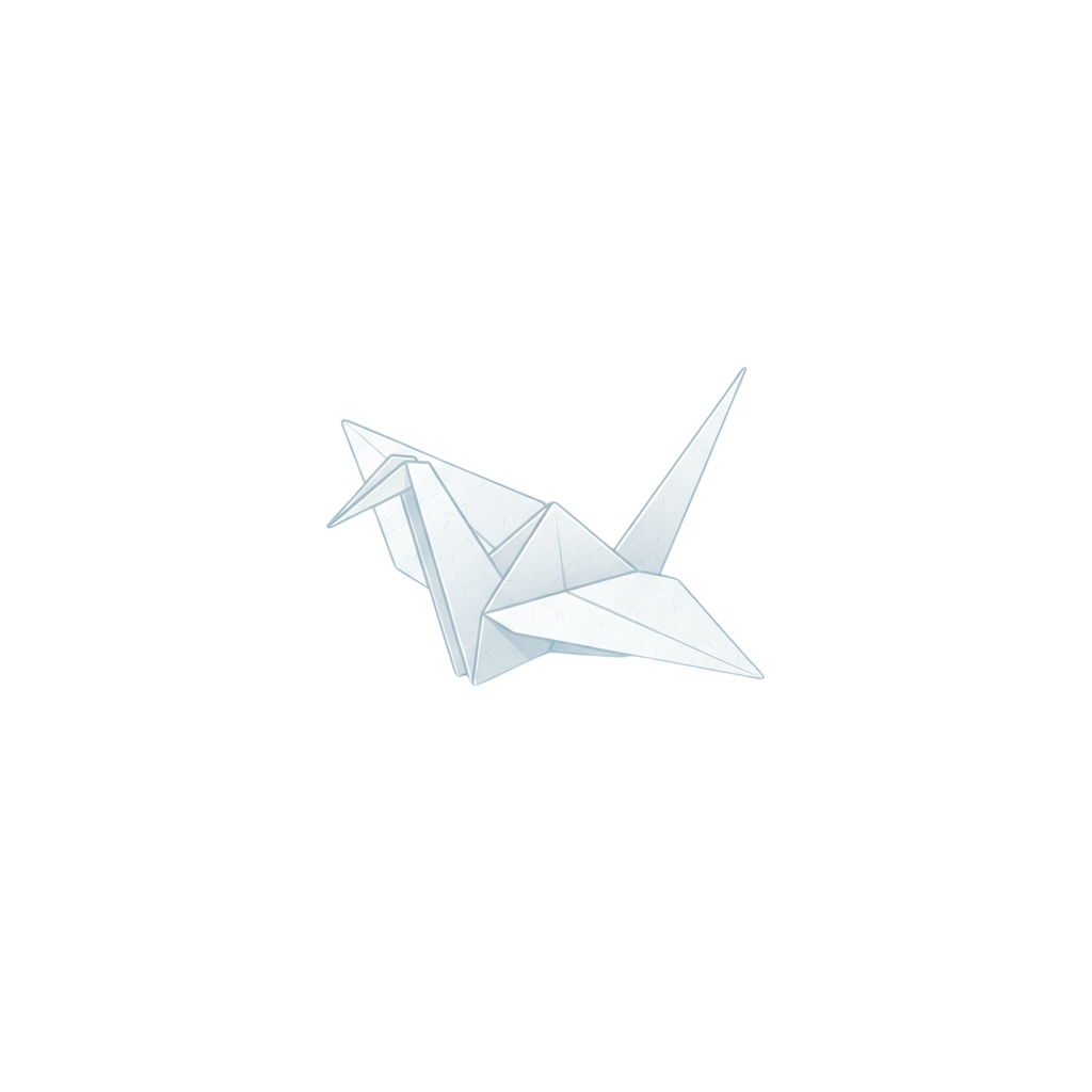 A white origami paper crane with folded triangular sections and pointed wings