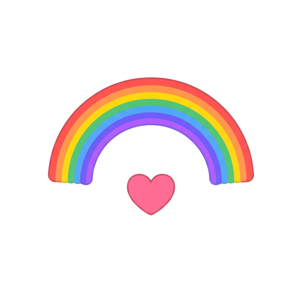 A vibrant rainbow arching over a pink heart on a black background