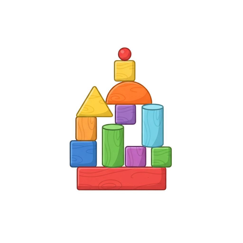 Stack of colorful wooden blocks arranged in a pyramid shape with a red sphere on top