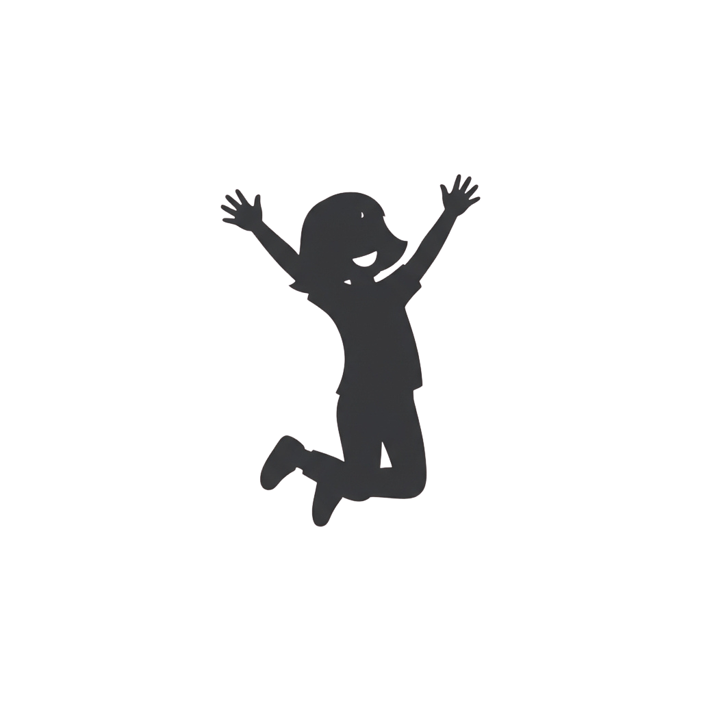 A silhouette of a child jumping with arms raised in joy against a dark background