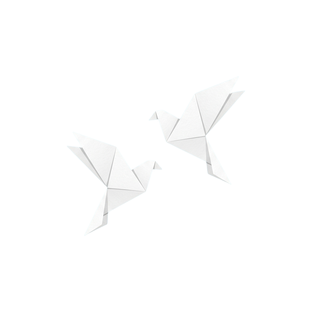 Two origami paper cranes flying side by side against a black background