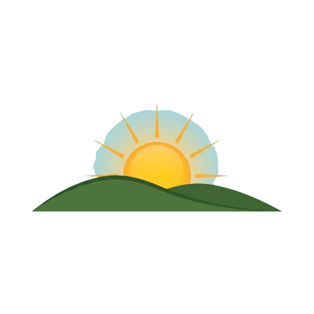 A stylized illustration of a sunrise with rays over a green hillside