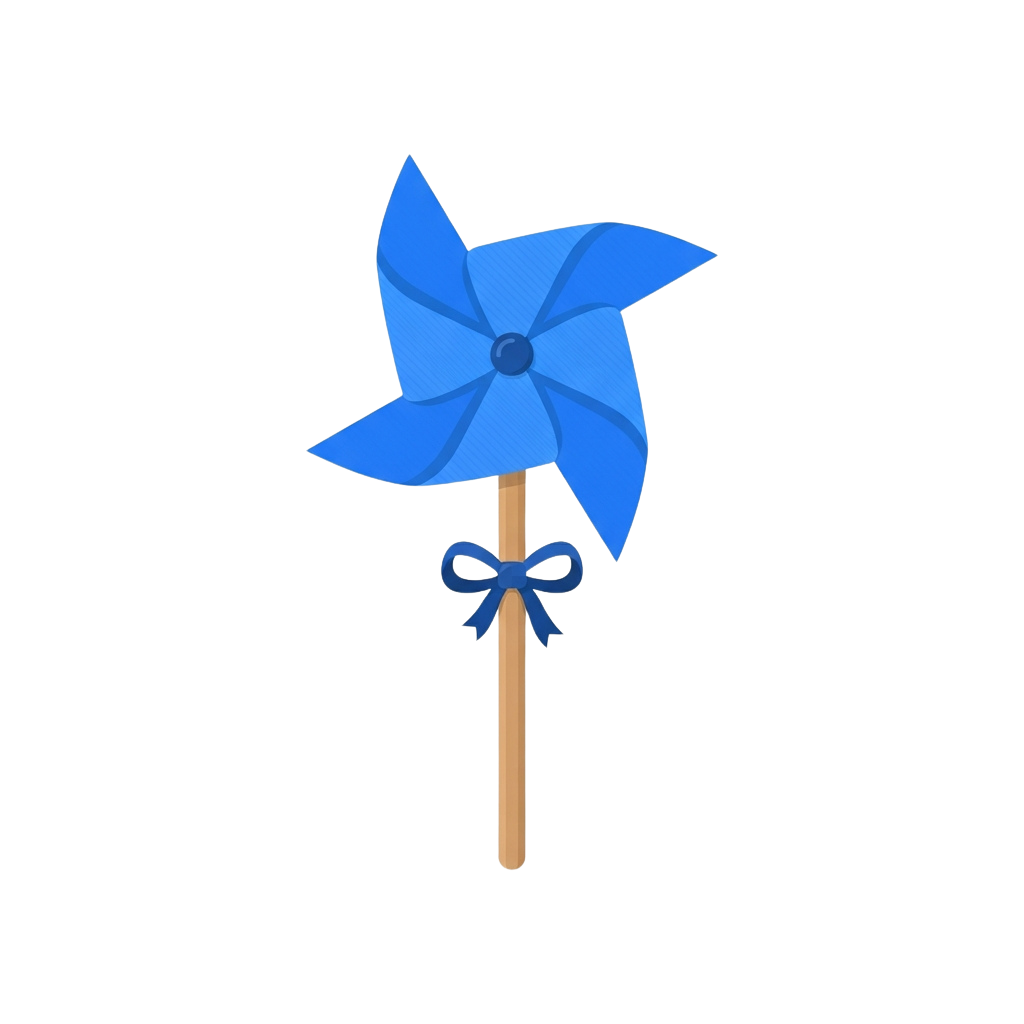 A blue pinwheel with four blades attached to a wooden stick, tied with a blue bow near the bottom