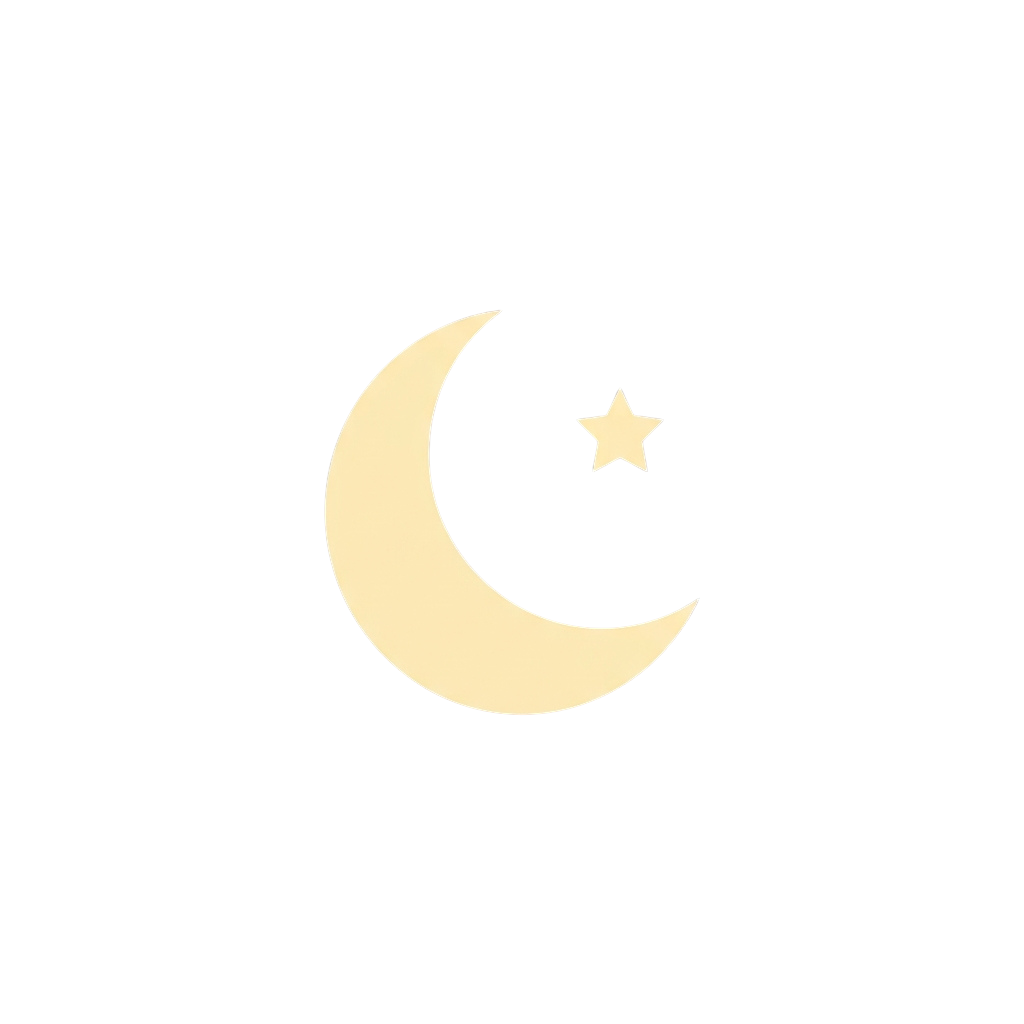 Crescent moon with a star positioned to its right on a dark background