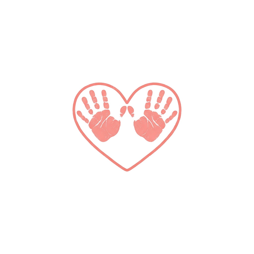 A heart shape formed by two small handprints, one on each side, in light pink color.