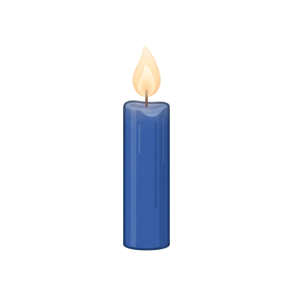 A single blue candle with a lit yellow flame against a black background