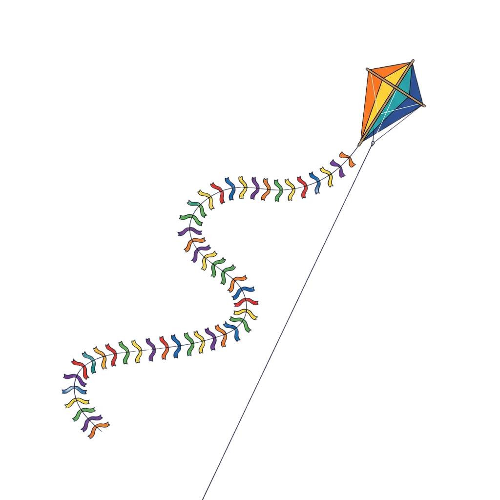 A kite flying high in the night sky with a long string of rainbow-colored triangular streamers.