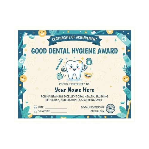 Certificate awarding good dental hygiene with a smiling toothbrush and tooth character illustration
