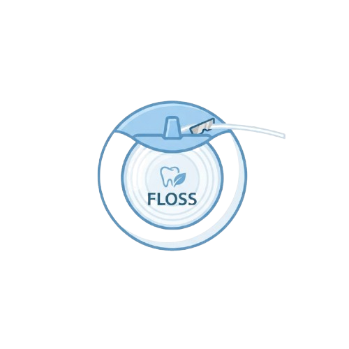A blue dental floss pick with a tooth icon and text on the handle, ready for use.