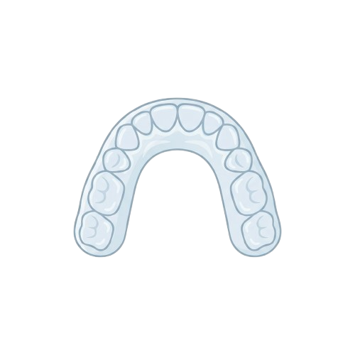 Illustration of a clear plastic dental night guard shaped to fit upper teeth.