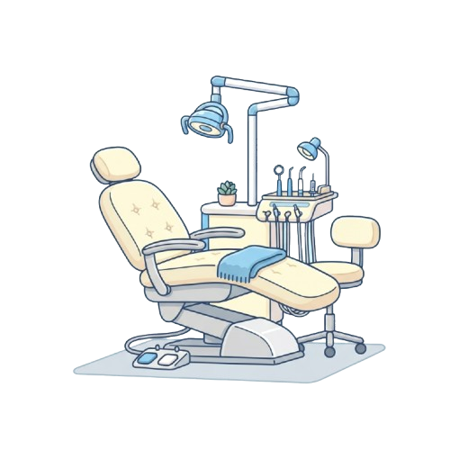 Illustration of a dental chair with overhead lights, tools, and accessories in a dental clinic setting