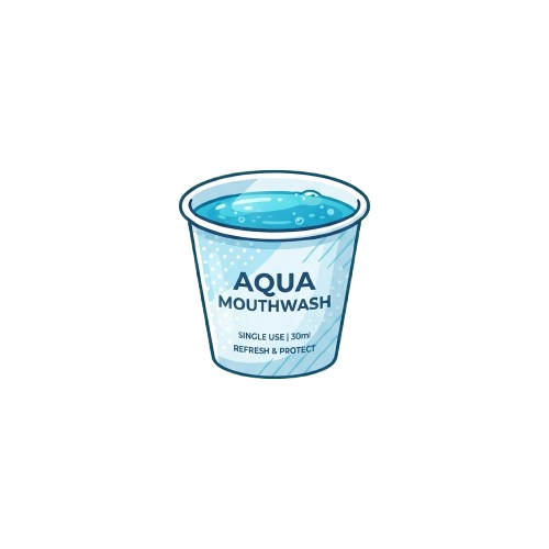 Illustration of a single-use cup labeled Aqua Mouthwash with refreshing blue liquid inside