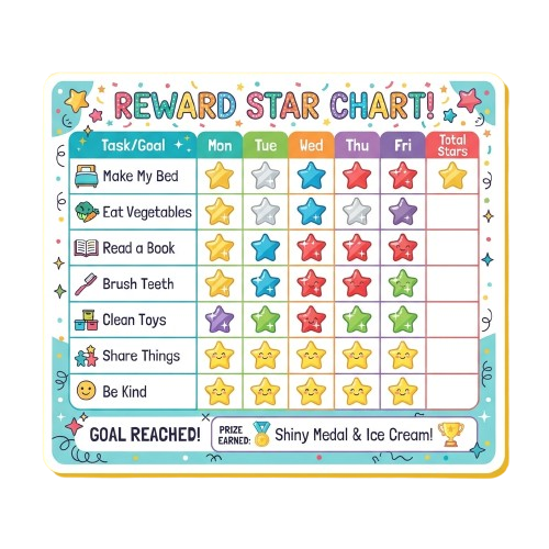 A vibrant reward chart with stars for tracking daily tasks like making bed, eating vegetables, reading, and more over five days.