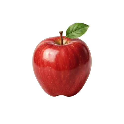 A shiny red apple with a green leaf attached, set against a black background
