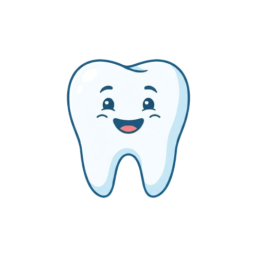 A smiling cartoon tooth with eyes and a cheerful expression on a black background