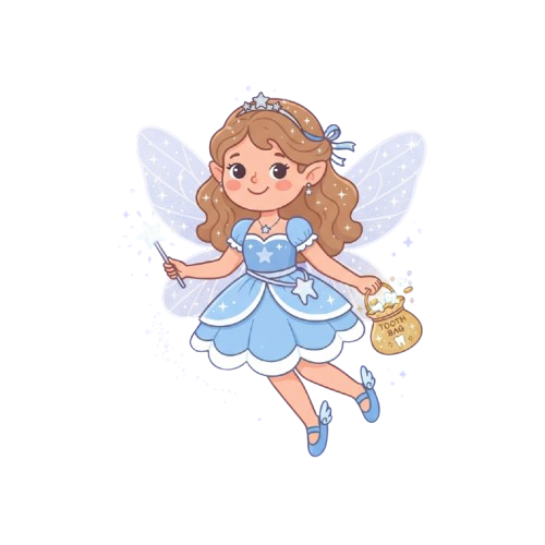 A cheerful cartoon fairy girl in a blue dress and wings holding a magic wand and a small bag labeled 'TOOTH FAIRY'.