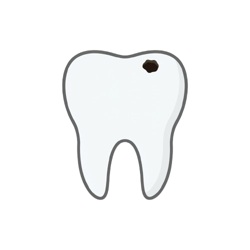 A white illustration of a single molar tooth with a small dark cavity near the top center
