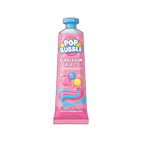 Pink tube of flavored bubble gum fluoride toothpaste with colorful bubbles and balloons design