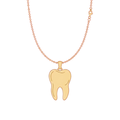 A gold-colored tooth-shaped pendant hanging from a pink beaded necklace chain