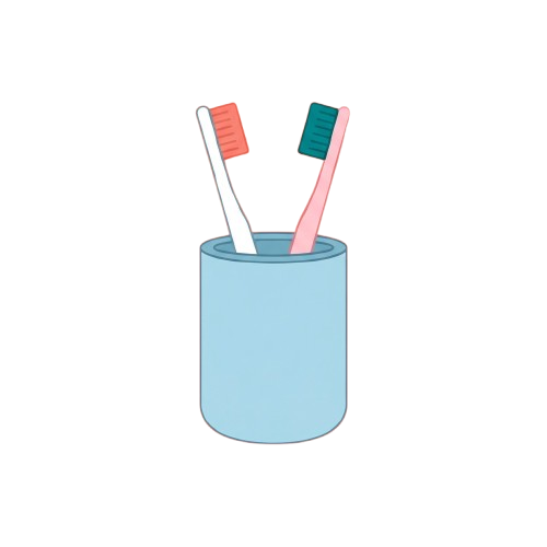 Two toothbrushes with different colored handles standing upright in a light blue cup holder