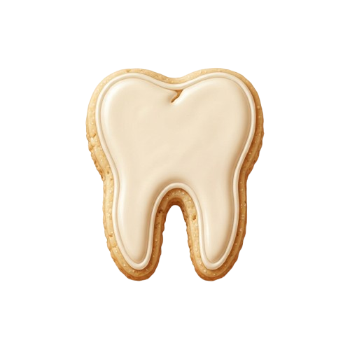 A tooth-shaped cookie with white icing on a dark background