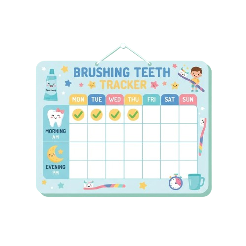 Colorful chart tracking morning and evening teeth brushing for each day of the week with checkmarks and toothbrush icons