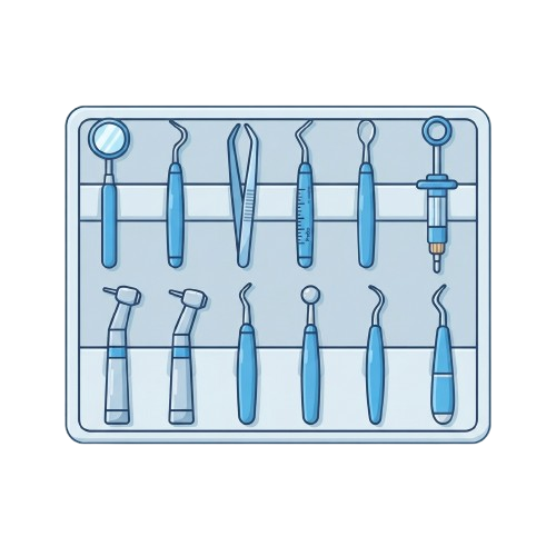 Illustration of a tray holding various dental tools and instruments in blue color
