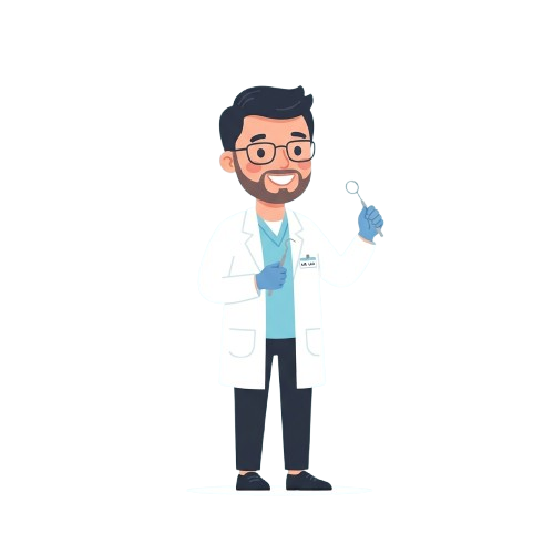 A smiling cartoon doctor in a white coat holding a dental mirror and flashlight tool